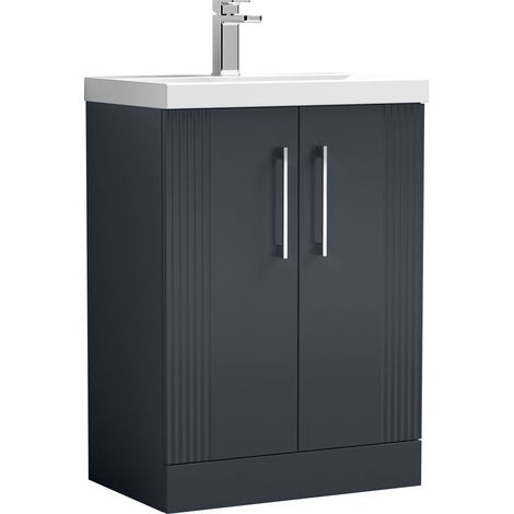 Belvide Partial Fluted 2 Door Floor Standing Vanity Unit with 1 Tap Hole Thin-Edge Basin- 600mm - Satin Dark Grey