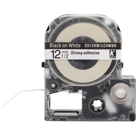 Ruban Machine à Étiquettes 12mm Haute Qualité Compatible King Jim pour Epson SR230CH, Longueur 8m, Blanc Fond Noir Lettres (1/5)