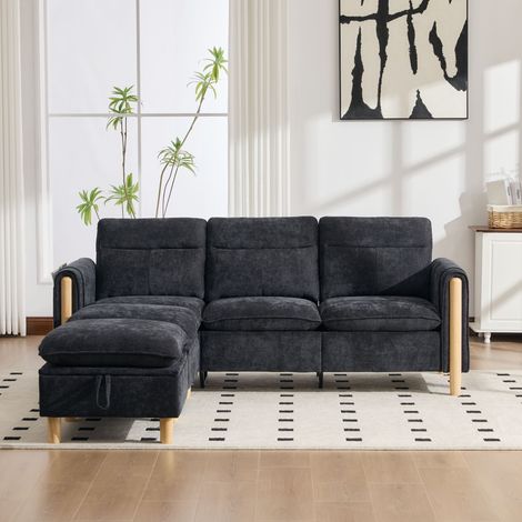 Canapé d'angle réversible 3 places 201x77x86 cm, canapé avec pouf coffre modulable et poches latérales, tissu chenille noir, pieds en bois massif (1/5)
