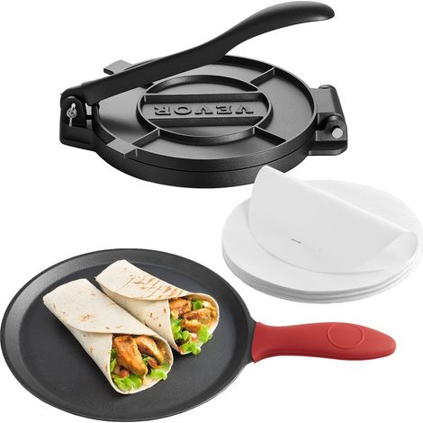 Presse à tortillas en fonte de 20 cm avec poignée,presseur robuste pour tortillas de farine et roti,100 feuilles de papier sulfurisé incluses (1/5)