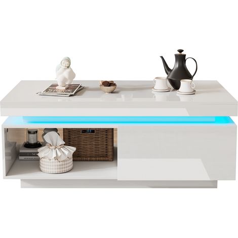 Hochglänzender weißer Couchtisch mit LED und Schublade 100 x 50 x 40,3 cm (1/5)
