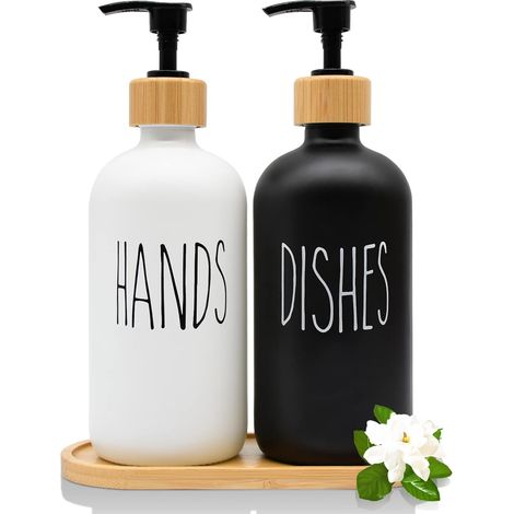 Distributeur de savon liquide pour les mains et la vaisselle, distributeur en verre de 473 ml avec plateau en bois pour évier (noir et blanc)