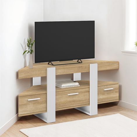 Mueble TV esquinero PHOENIX 110 cm con cajón de madera y blanco