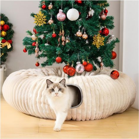 Tunnel pour Chat Modulable, Tunnel Intérieur pour Jeu et Dormir, Lit Rond sous Le Sapin, Panier Chaud Moelleux pour Chat, Cabane Sapin de Noël, Donut avec Balles Suspendues et Fenêtres -Marron (1/5)