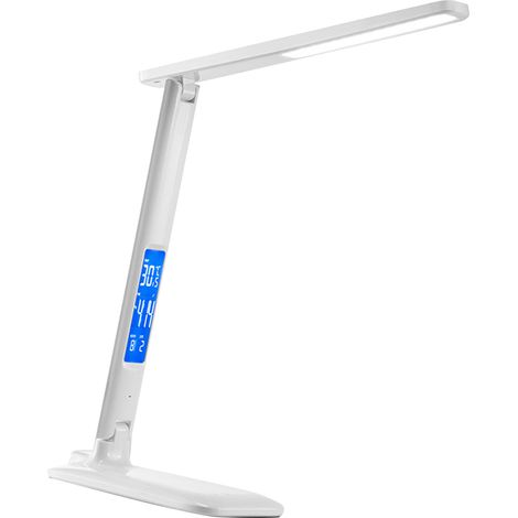 LED-Schreibtischlampe 10W mit kabelloser Ladefunktion, Augenschutz, Leselicht, Kalender, Temperaturanzeige und Wecker (weiß) (1/5)