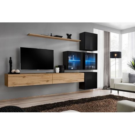 Ensemble mural - Switch XIX - 4 vitrines - 2 bancs TV - 1 étagère - Bois et noir - Modèle 1 - Livraison gratuite