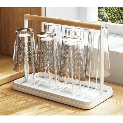 Organisateur portable pour verres, porte-verres pour le rangement de la cuisine avec poignée en bois, étui en métal et silicone, support de rangement pour verres (blanc) (1/5)