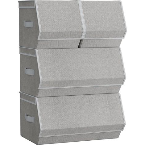 Boîte de Rangement avec Couvercle, Lot de 4, Coffre, Panier, Empilable, avec Fermetures Magnétiques, en Tissu, Cadre en Métal, pour Vêtements, Livres, Gris Tourterelle