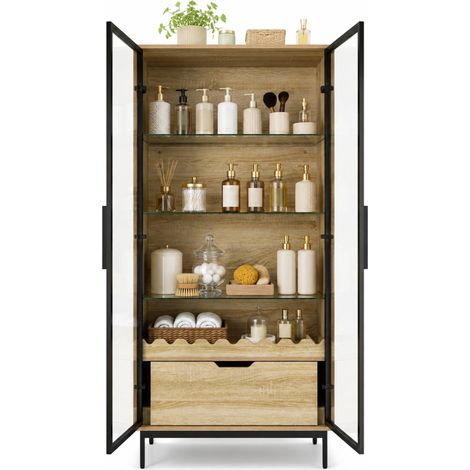 Armoire haute vitrée avec étagères réglables, grande niche et tiroir, design à rainures ondulées, pieds métal, idéale pour salon, chambre ou entrée CHICFURN (1/5)