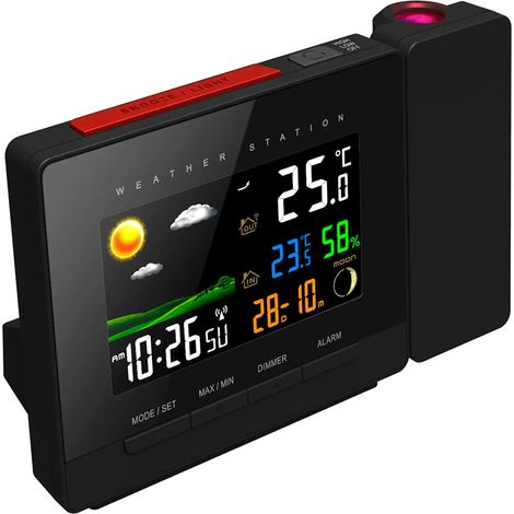 Fishtec – Station météo multifonction avec écran couleur – Capteur extérieur sans fil – Prévisions illustrées – Réveil snooze 5-10 min – Projection mur/plafond – Radio-pilotée