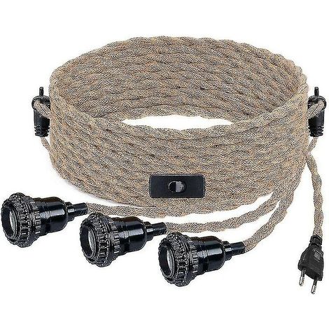 Suspension DIY avec corde de chanvre, câble textile, lampe suspendue 3E27 avec interrupteur et prise, lampe rétro, câble de 9 mètres, lampe pour table à manger, café, etc.