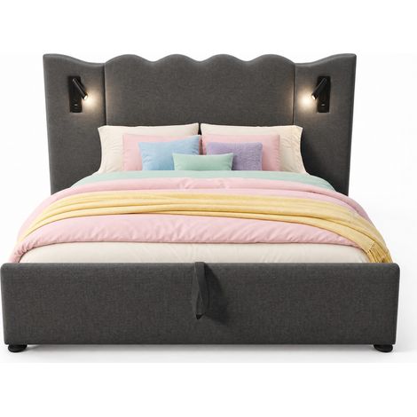 CHICFURN Cama canapé 160x200 cm de lino gris con lámpara USB Tipo C, sin colchón (1/5)