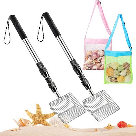 Tamis à dents de requin télescopique avec sacs en coquillages, pelle à dents de requin – pour les combattants de plage, , adolescents, adultes, parents, personnes âgées, collectionneurs (1/5)
