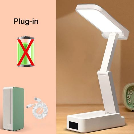 (Modèle à brancher vert) Lampe de bureau pliable et portable avec horloge, rechargeable par USB, lampe de bureau LED pliable (1/5)