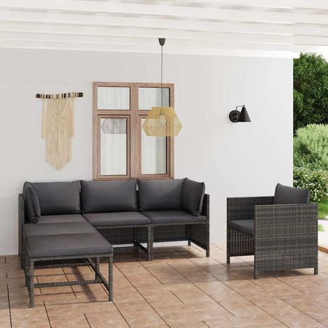 Salon de jardin 6 pcs Ensemble Table et Chaise de Jardin - avec coussins Résine tressée Gris BV266453 - BonneVie (1/5)