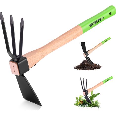 WORKPRO Serfouette Jardinage 36 cm, Houe de Jardin 2 en 1 avec Griffe de Jardin 3 Dents, Outil Jardinage Robuste avec Manche en Bois de Hêtre pour Désherber, Ameublir la Terre et Cultiver Le Sol