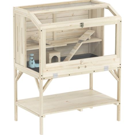 Gabbia per criceti a 2 livelli con vano contenitore, 84 x 53 x 110 cm, legno naturale HAVRYA (1/4)