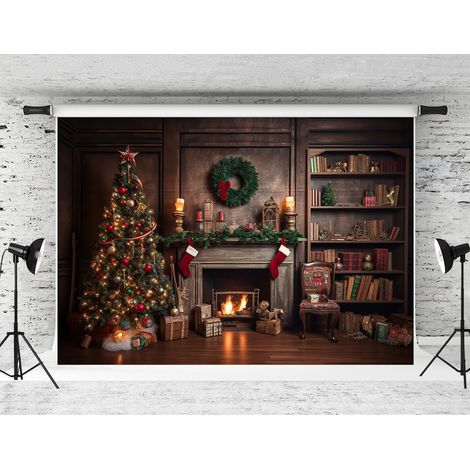 2.2x1.5m Toile de Fond pour Cheminée de Noël Boules de Noël Rétro Arbre de Noël Chaussettes Cadeaux Décorations pour Arrière-Plan de Photographie Réveillon de Noël Props de (1/5)