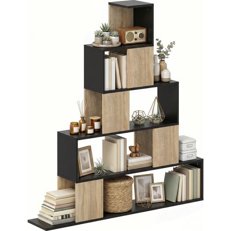 Étagère de rangement - HOMCOM - bibliothèque géométrique à 5 niveaux - bois - 120 x 22 x 131,5 cm - noir et bois naturel (1/5)