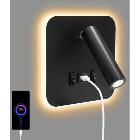 Lámpara de mesilla de noche, 1 unidad, luz de pared LED de 3W + 10W 3000K, con puerto de carga USB, adecuada para uso en el dormitorio. (1/5)