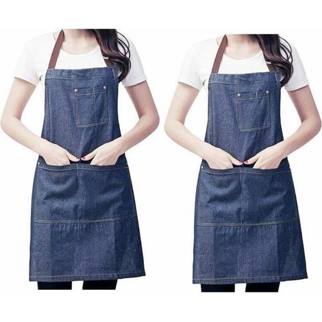 2 x tablier de cuisine réglable en jean denim avec grandes poches pour femmes hommes pour cuisiner barbecue grill café (1/4)