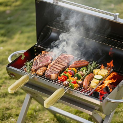 BBQ Grillrost Eckig 60x40cm aus Hochwertigem Edelstahl mit Handgriffen für Gasgrill, Kugelgrill usw