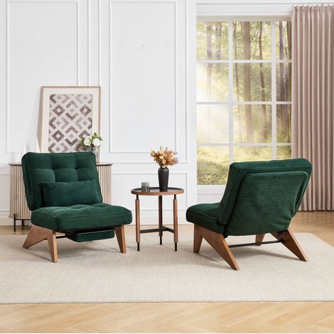 MODFU – Fauteuil lounge velours côtelé vert – Dossier réglable et coussin lombaire – Pieds inclinés en bois – Vert émeraude (1/5)
