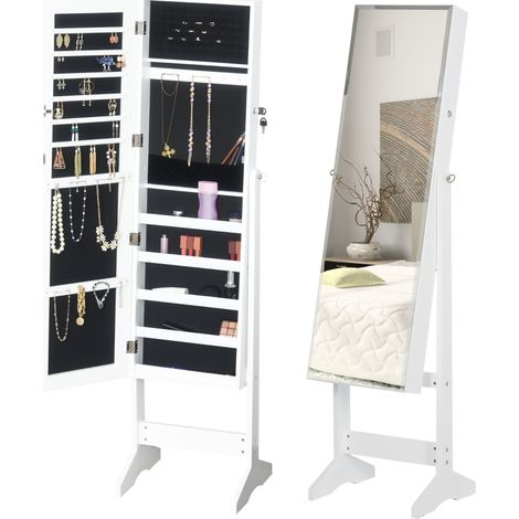 Jewelry Cabinet Standing Mirror Full Length Makeup Lockable Armoire Storage Organizer White