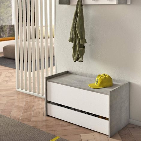 Commode, Meuble d'entrée moderne avec étagère à chaussures, Coffre avec deux conteneurs, 90x40h46 cm, Blanc et Ciment (1/5)