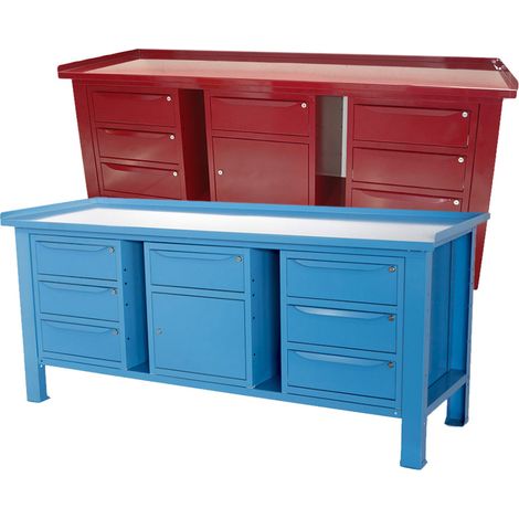 Banco lavoro SOGI 2m piano acciaio + 2 armadi a 3 cassetti + armadio con anta e cassetto - blu/rosso, ColoreBlu