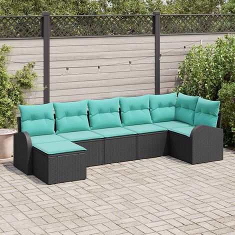 Ensemble salon de jardin modulable 7 pièces en polyrotin noir et turquoise avec rangement - PANGIVO (1/5)