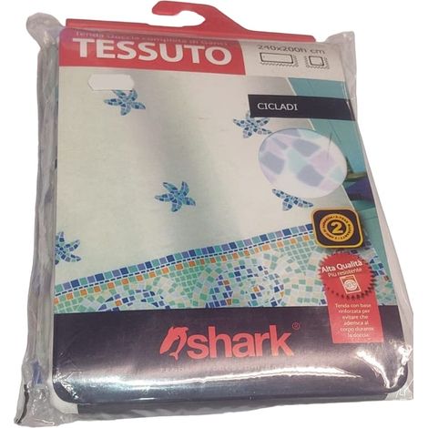 SHARK - TENDA DA DOCCIA COMPLETA DI GANCI IN TESSUTO LINEA CICLADI 240x200h cm - COLORE BIANCO CON DECORAZIONI
