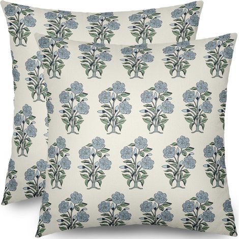 Kissenbezug mit blaugrünem Blumenmuster, 45 x 45 cm, 2-teiliges Set, Design im chinesischen Stil, Leinenmaterial, geeignet für Outdoor- und rustikale Dekoration, kompatibel mit Kissenfüllungen in Stan