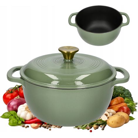 Olla de hierro fundido esmaltado de 4 litros, color verde, tipo caldero, para inducción o gas. (1/5)