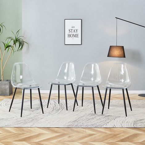 Sedia da sala da pranzo trasparente, set da 4, seduta in plastica, gambe in metallo nero HAVRYA (1/5)