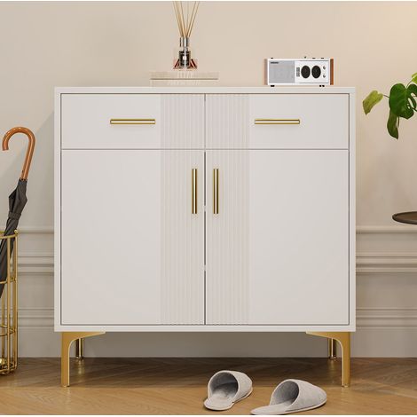 Credenza 80x35x79.5 cm bianca in MDF con 2 porte e 2 cassetti, design scanalato con antiribaltamento (1/5)