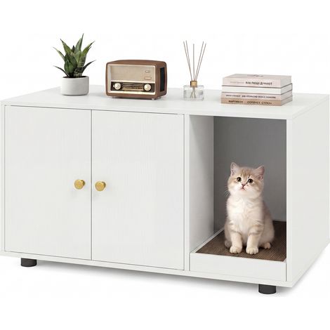 Meuble Litière Chat 3 en 1 avec Planche à Griffer Amovible Maison de Toilette Chat en Bois avec Double Porte, 5 Pieds Réglables, 90x50x50 cm, Blanc (1/5)