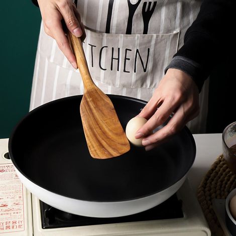 Spatule à long manche de style européen en bois d'acacia, ustensiles de cuisine en teck, spatule à sauce, spatule, passoire à salade, passoire en bois de 31 cm, bois d'acacia (1/5)