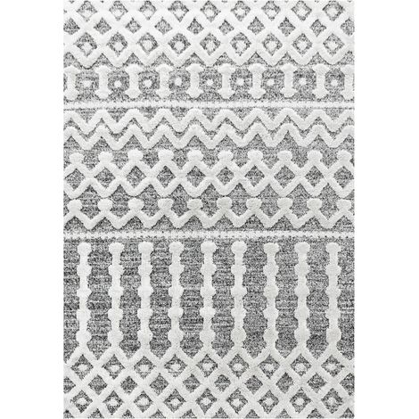 Tapis salon et chambre 60x110 gris et blanc rectangle tissé motif scandinave PISTIOU (1/5)