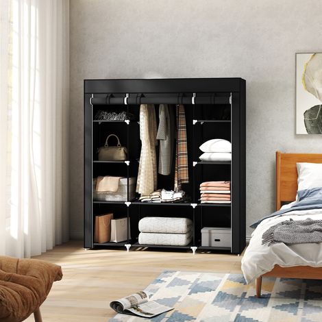 Armario de tela no tejida, plegable, con 1 barra para colgar ropa, 9 estantes, 150 cm x 43 cm x 162,5 cm, color negro.