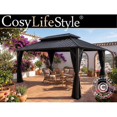 Gazebo Santa Fe Steel+ w/curtains and mosquito net, 3x4.25 m, Black - Dancover