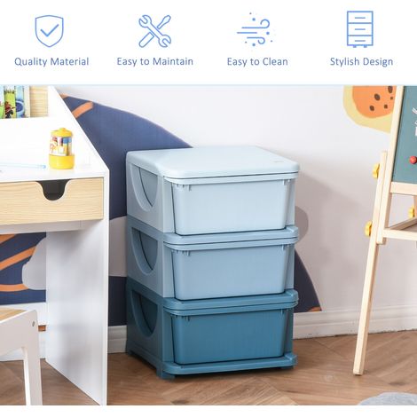 Organisateur de jouets bleu à 3 niveaux pour enfants, avec 3 tiroirs et bacs de rangement en plastique pour la chambre et la salle de jeux. (1/5)