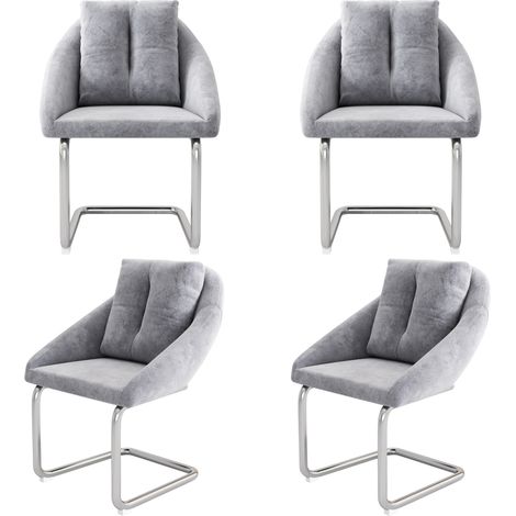 Chaise de salle à manger en velours, lot de 4 avec coussins, chaise pivotante de luxe pour salon et chambre, chaise pivotante relaxante, pieds de soutien arqués, gris (1/5)