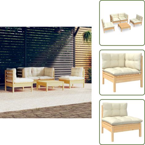 5-tlg. Garten-Lounge-Set mit Creme Kissen Kiefer Massivholz - Gartensessel - Lounge Set - Gartenmöbel - Outdoor Möbel - Rattan Sessel (1/5)
