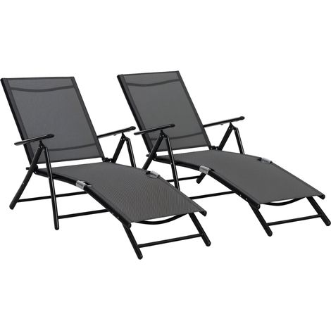 Set aus 2 Sonnenliegen, klappbare Chaiselongue, 7-fach verstellbare Rückenlehne, Aluminiumrahmen, 64 x 134 x 95 cm, schwarz
