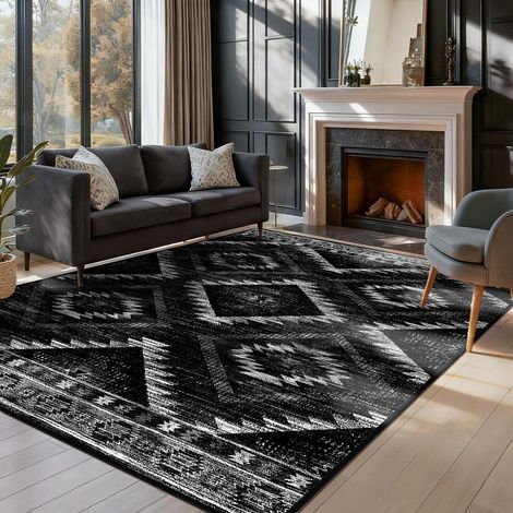 Tapis Salon 150x210 cm Tapis de salon, Tapis lavable, à poils courts, antidérapant, facile d'entretien, tapis vintage et bohème pour chambre d'enfant, chambre à coucher, bureau, Noir (1/5)