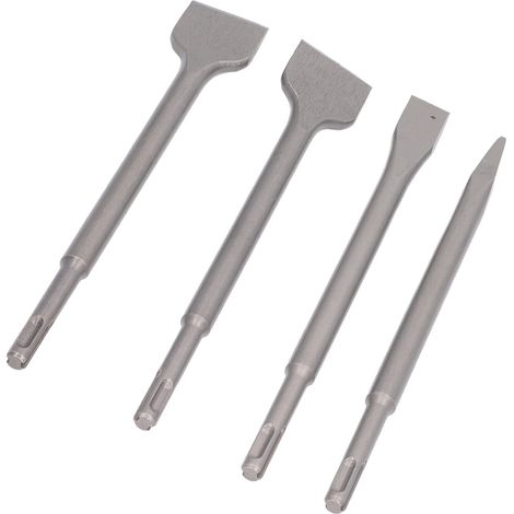 4 Embouts de Burin pour Marteau Piqueur, Tige Ronde, Pointe et Plat, Lot pour Pierre, Béton, Mur en Brique (1/5)