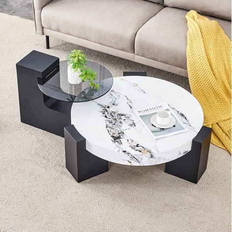 Tables basses rondes gigognes Ø61/44 x H30/44 cm blanc noir verre et MDF design MEUBLIV (1/5)