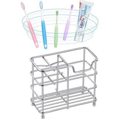JSSEVN - Toothbrush Holder, Stainless Steel Toothbrush Holder with 5 Grids, Multipurpose Rust-Resistant Stainless Steel Toothbrush Stand for Bathroom (1/5)