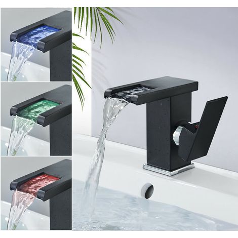 Modern Waterfall Bathroom Faucet, Black LED Washbasin Faucet, Durable Hot and Cold Water, Adjustable